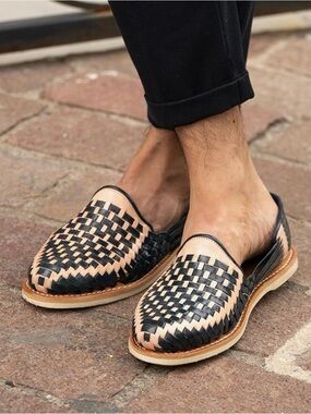 Woven Two-Tone Leather Slip-On Loafers - Blue & Natural